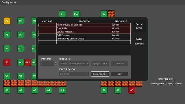 Pantalla de los pedidos de la mesa P2